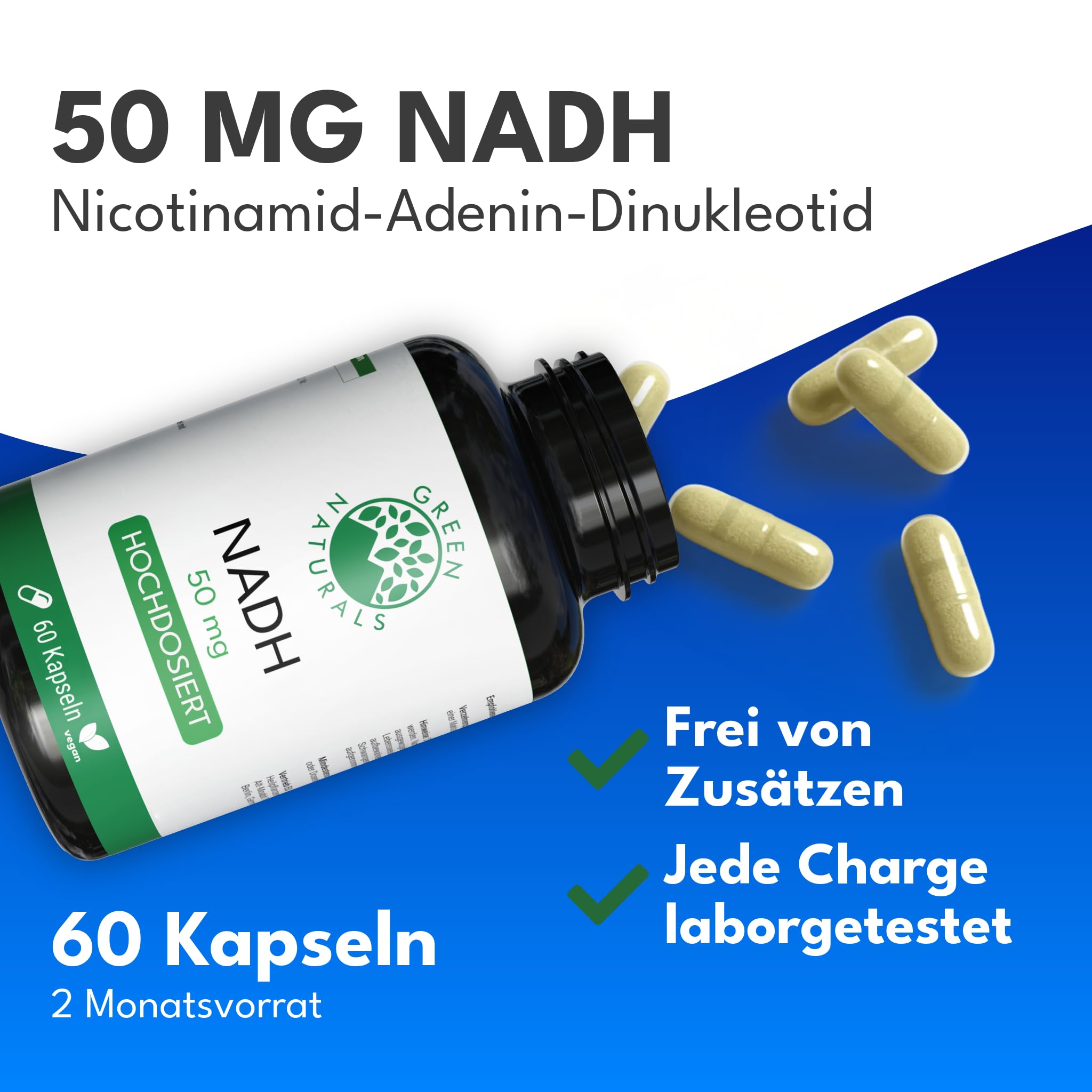 Green Naturals NADH 50mg - 60 Kapseln | Laborgeprüft · Aus deutscher Herstellung · Vorrat für 2 Monate
