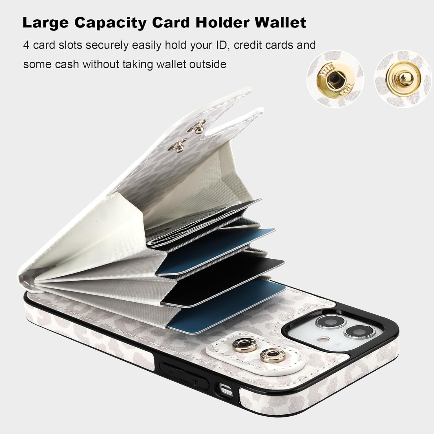HAOPINSH for iPhone 12/ iPhone 12 Pro Wallet Case with Card Holder, 360°Rotation Ring Kickstand, White Leopard Pattern, RFID Blocking Leather for Girls Women, Double Buttons Protective Cover 6.1"
