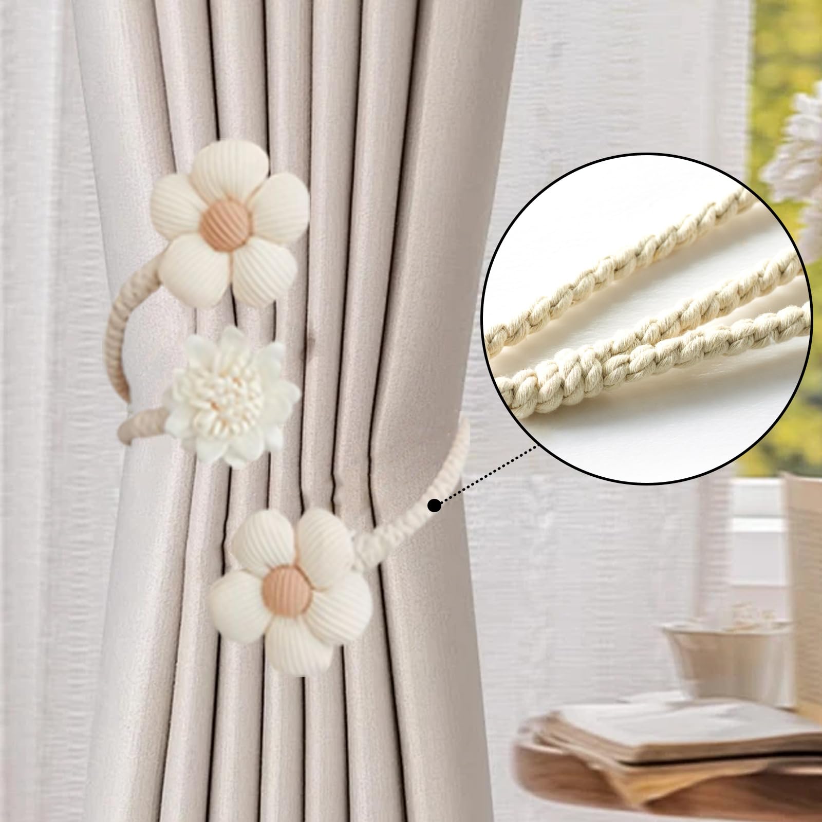 2 Pièces Embrasse De Rideau En Corde De Coton Avec Bâton En Bois Fait à La