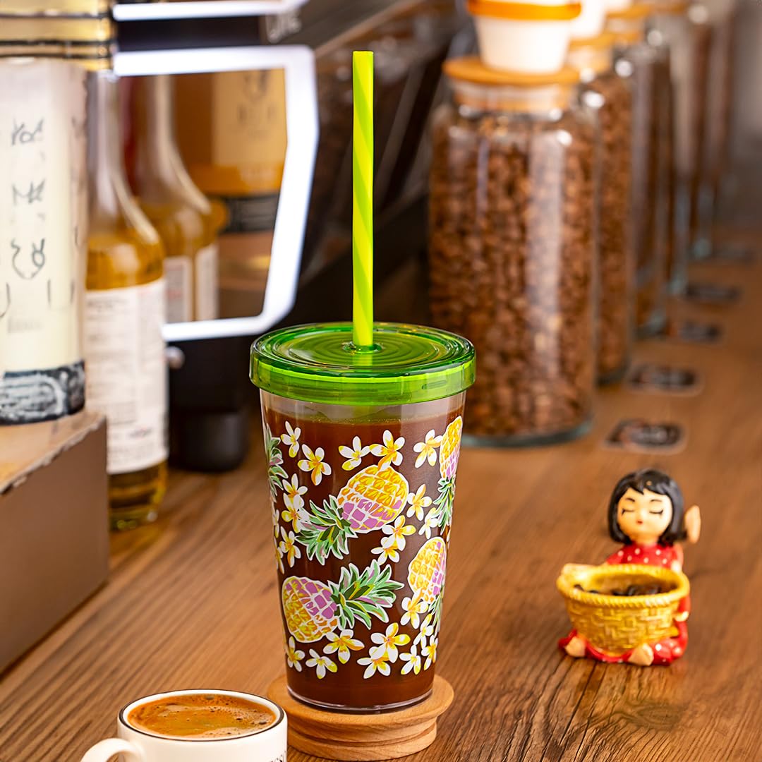 Solmazer Herevin 660ml Decorated Tumbler With Straw - Clear Cup with Pineapple Design and Green Lid