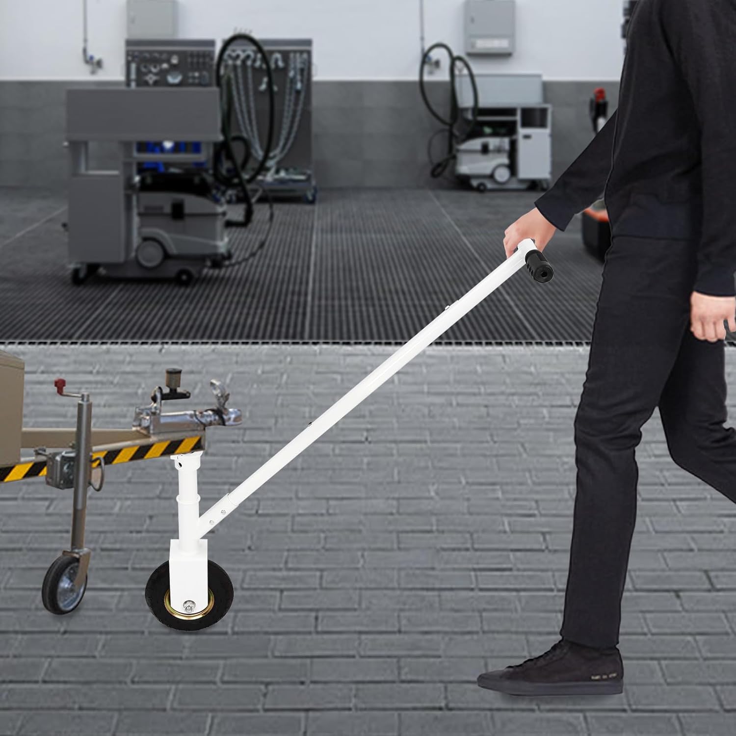 White 3000 lb Adjustable Trailer Dolly, Single Pneumatic Tire, Hand-Crank Weight Distributing Mover, Steel Frame Hitch for Boat RV Jet-Ski, 2" Ball Coupler, 28" Handle, Parking Brake