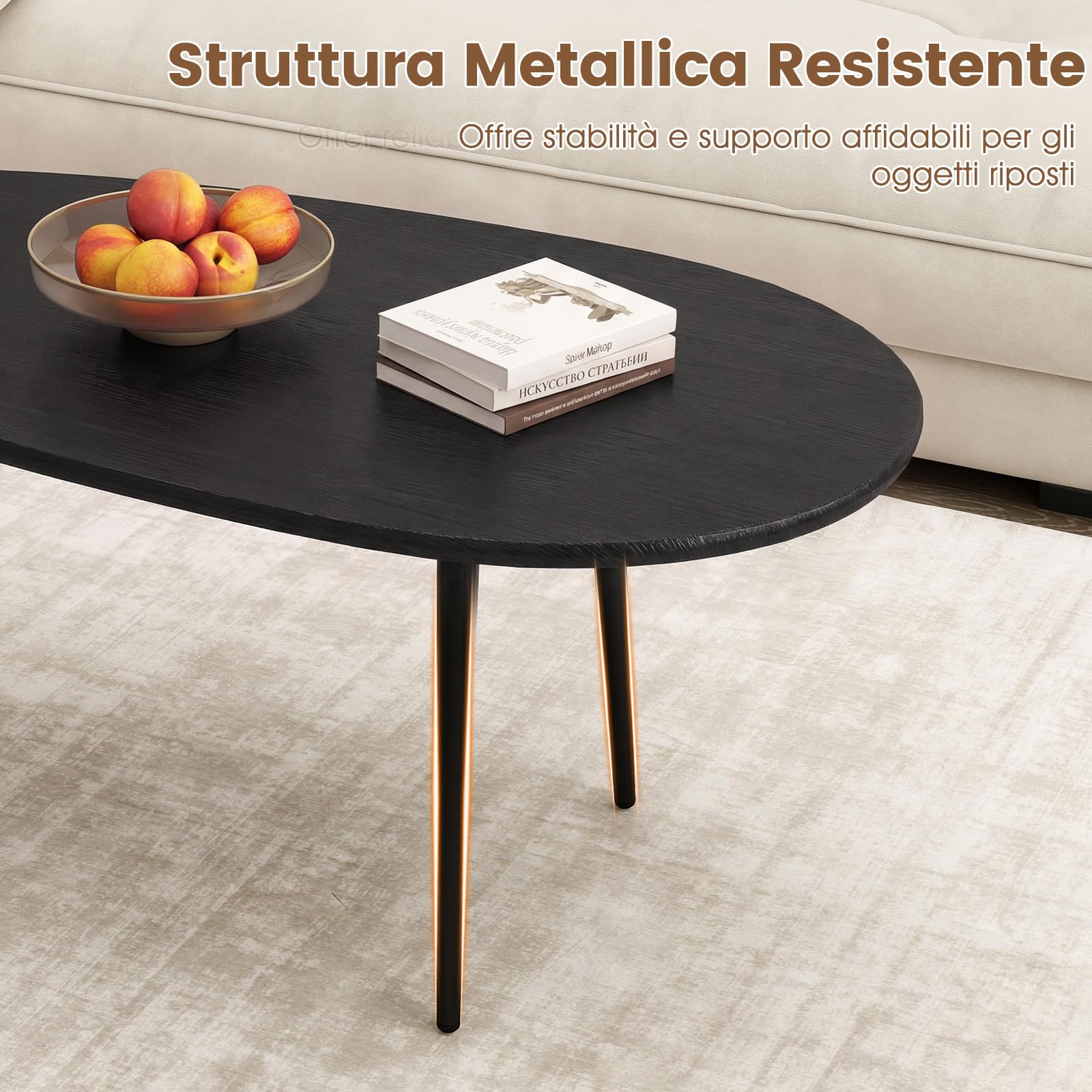 COSTWAY Tavolino da Salotto Ovale, Tavolino da Caffè con Struttura Metallica Robusta e Design Compatto, Tavolo Basso per Soggiorno, Ufficio e Lounge (Nero)