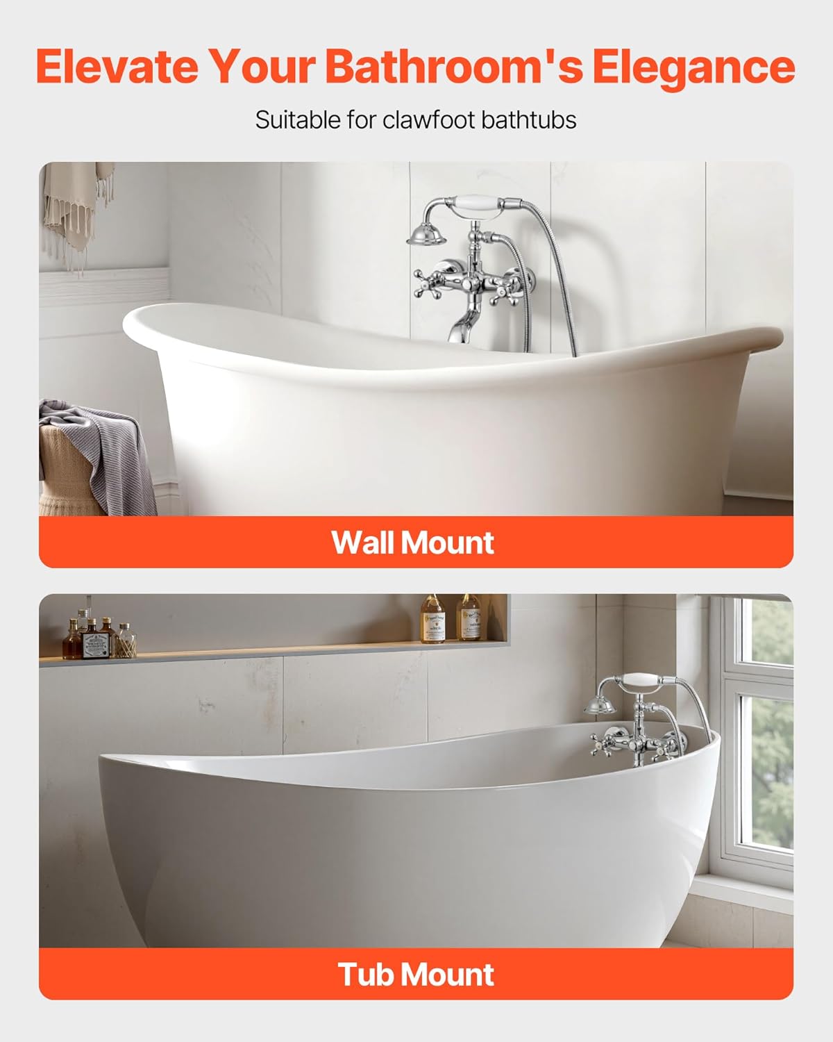 VEVOR Clawfoot Tub Faucet, Wall Mount Bathtub Faucets with Handheld Shower, Vintage Polished Chrome Clawfoot Tub Filler Faucet Shower Kit with Adjustable Swing Arms & 360° Rotation Spout for Bathtubs