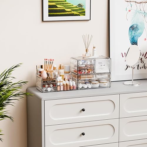 Miniatura 7 de Yieach Paquete de 3 organizadores de maquillaje transparentes escalonados para tocador, dormitorio, tocador acrílico grande, organizador de encimera