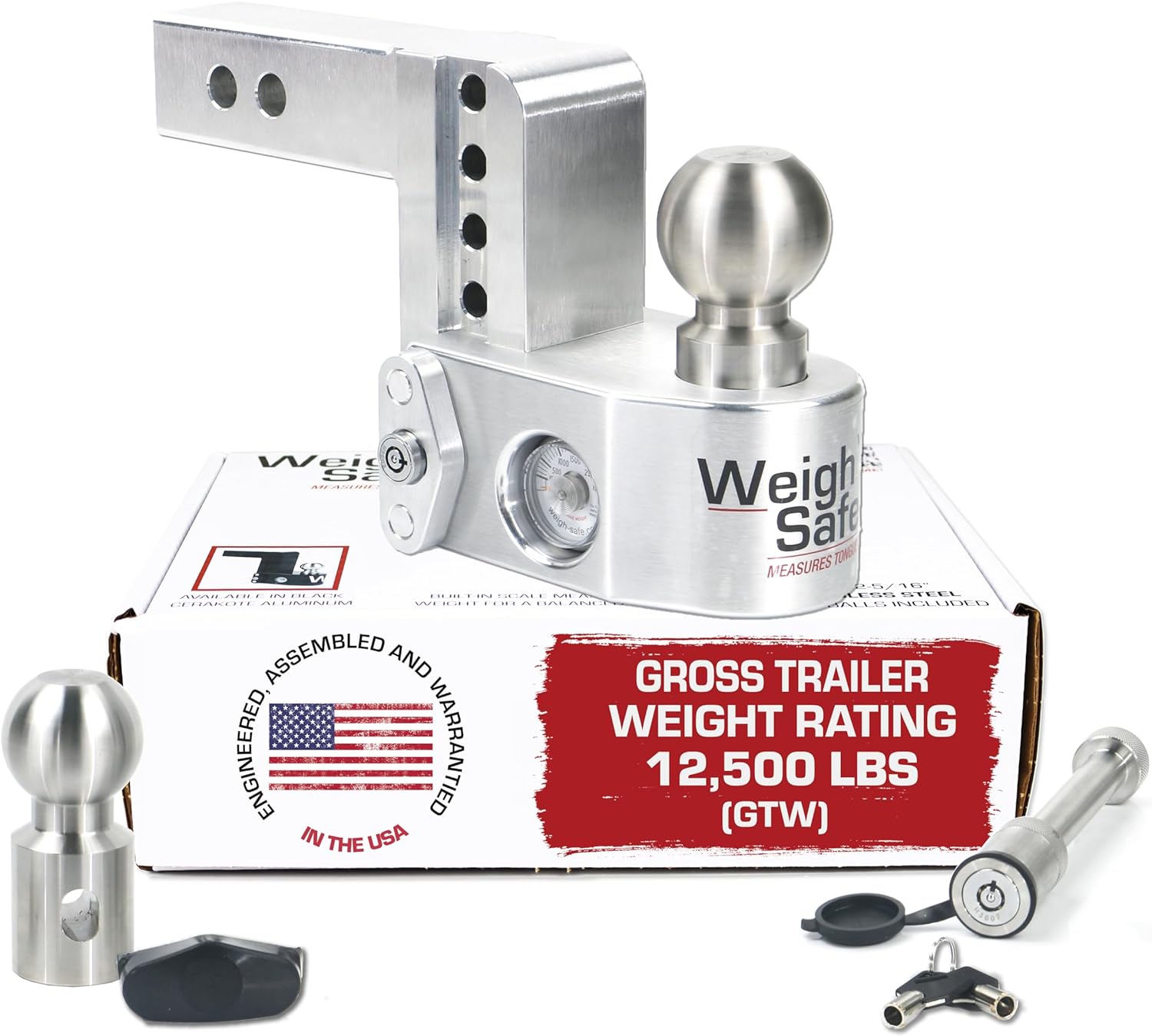 Weigh Safe Aluminum Adjustable Trailer Hitch - Towing Hitch with Built-In Tongue Weight Scale - Compatible with 2" Receivers - 4" Drop, Stainless Steel Tow Balls, 12,500 GTW, 2-Piece Lock Set