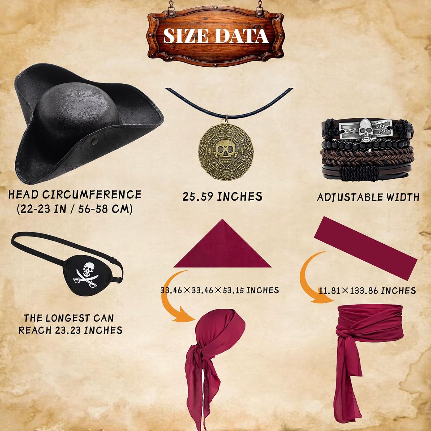 6-Piece Pirate Accessories Costume Set for Adults, Realistic Tricorn Hat