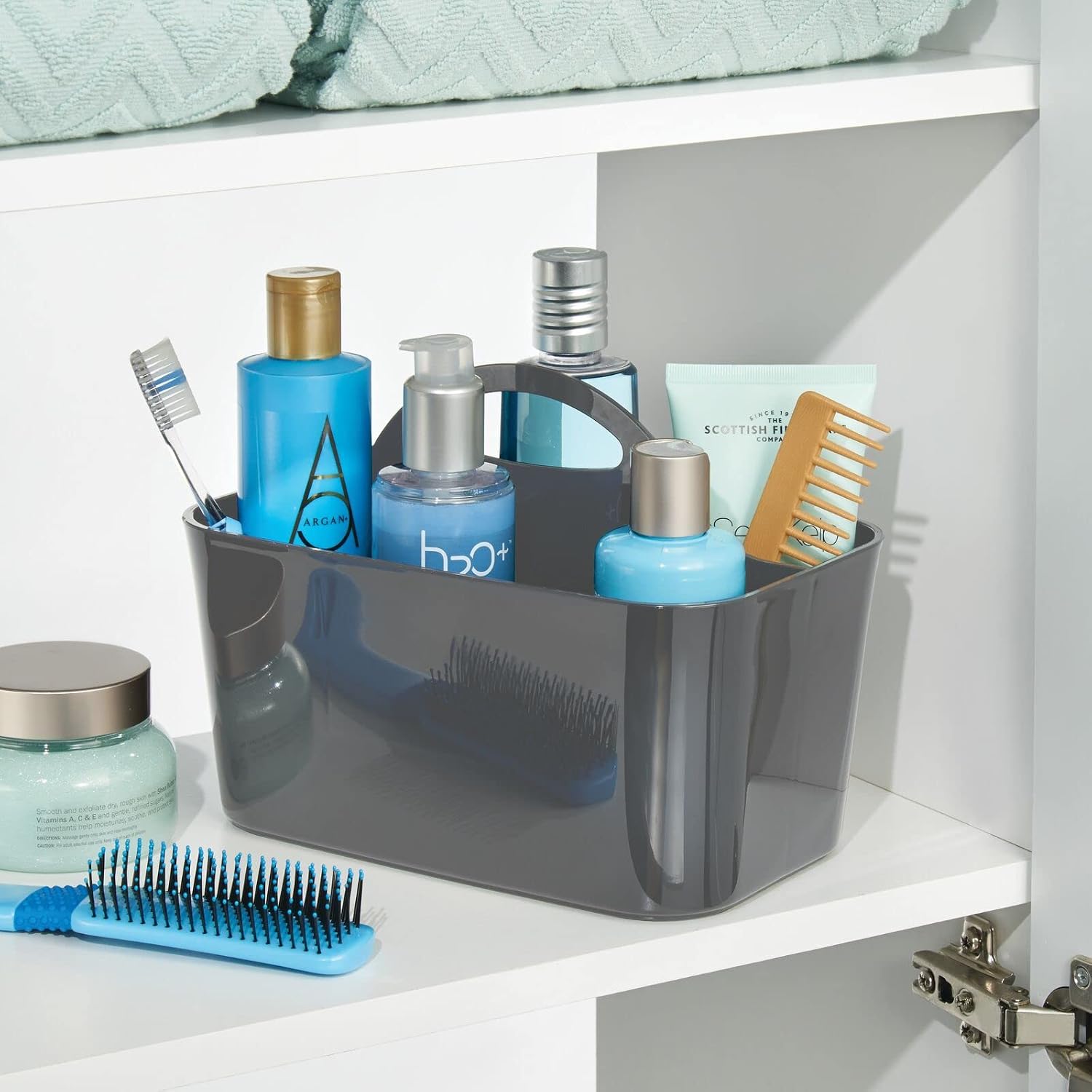 mDesign Small Plastic Shower/Bath Storage Organizer Caddy Tote with Handle - Dorm, Shelf, Cabinet - Soap, Shampoo, Conditioner, Combs, Brushes, Lumiere Collection, 2 Pack, Charcoal Gray