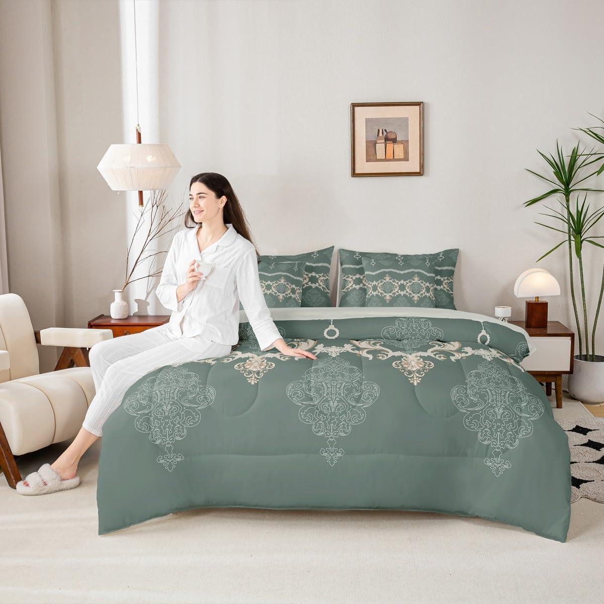 Erosebridal White Green Damask Gothic Comforter Set Queen Size 7 Pieces | Baroque Paisley Bed in A Bag Victorian Aesthetic Bed Set Girls Teens Adults Bedding