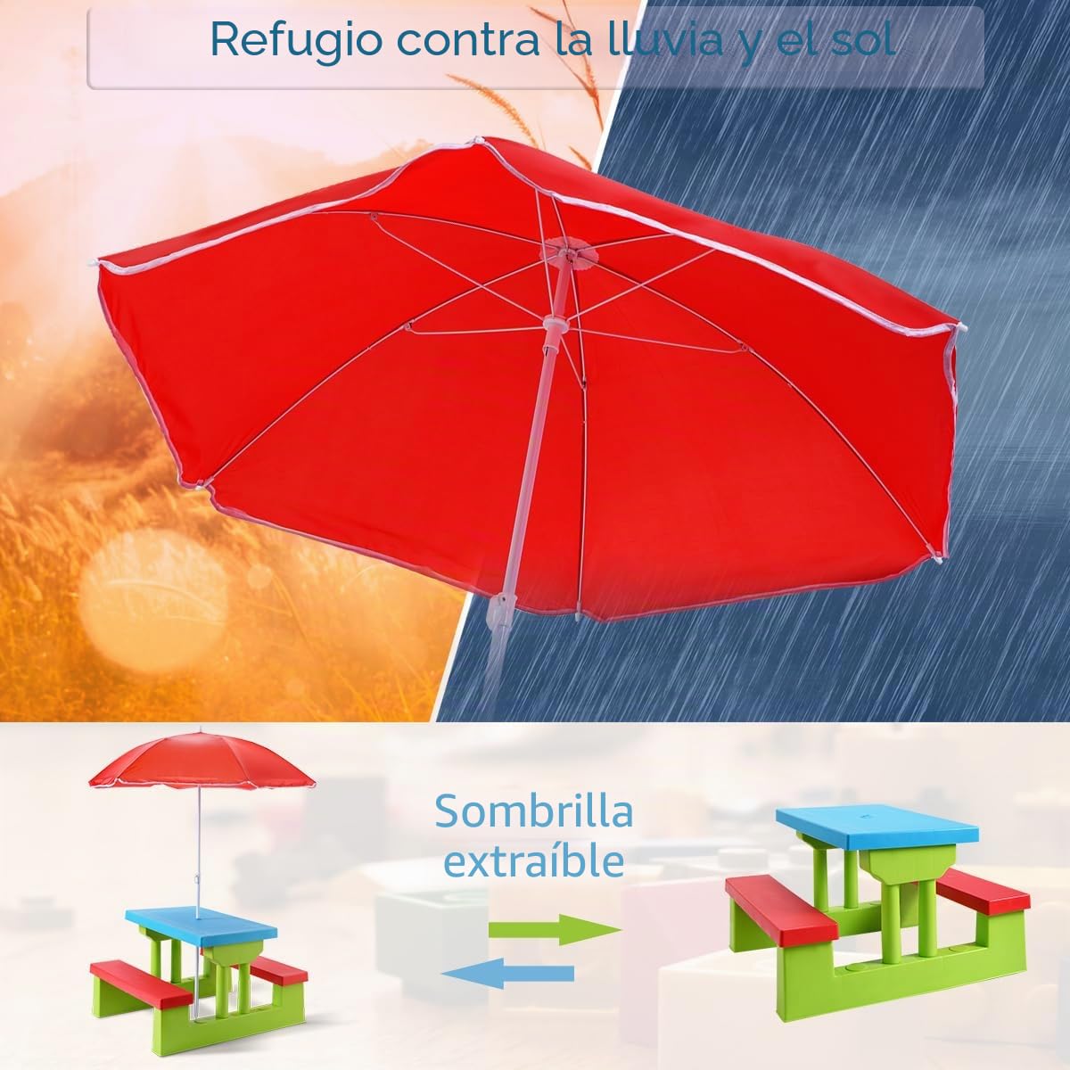 KOMFOTTEU Conjunto de Asientos Infantiles con Sombrilla, Juego de Picnic para Niños con 1 Mesa y 2 Bancos, Juego de Muebles para Jardín, Parque, Terreza (Verde + Rojo + Azul)