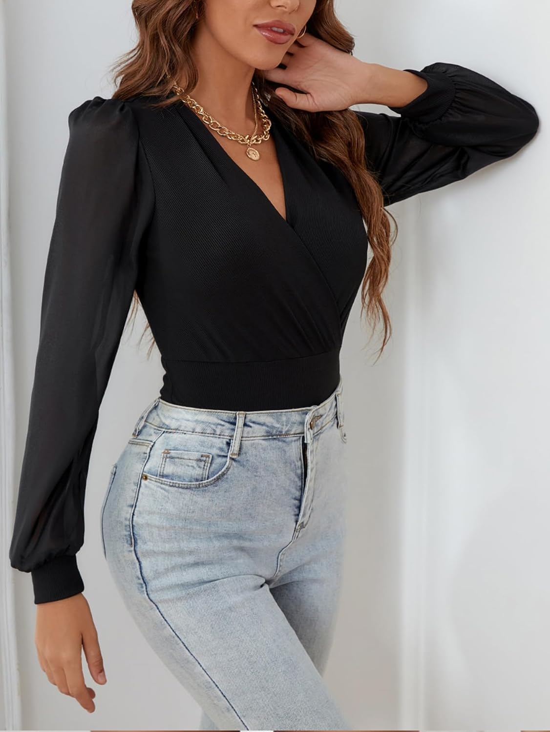 LIGHT DOT Women's Long Sleeve Bodysuit Blouse Tops Deep V Neck Pop Sheer Sleeve Dressy Leotard Shirts
