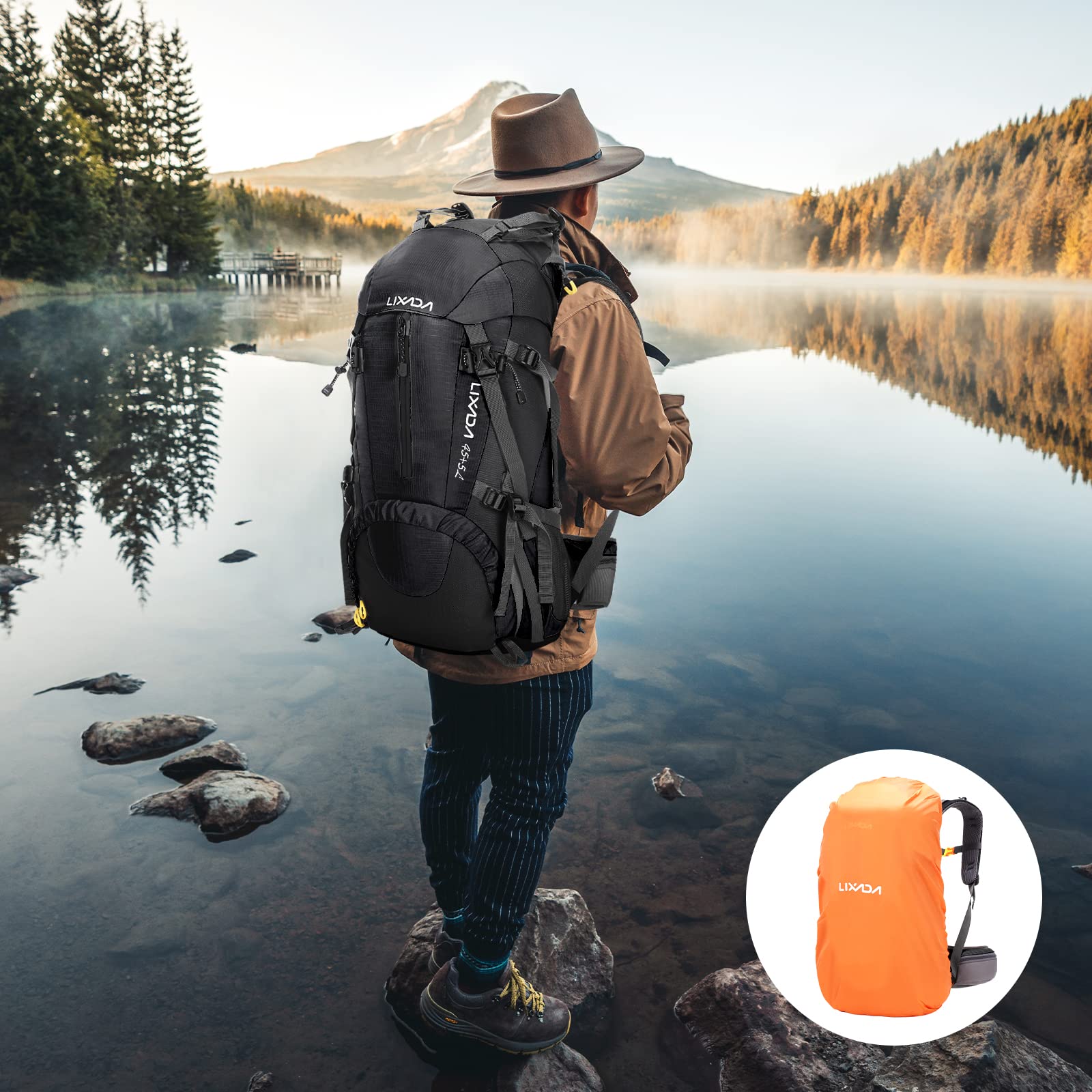 Lixada Wanderrucksack, 50 l, mit Schutzhülle, wasserdicht, ultraleicht, für Bergsteigen, Klettern, Trekking, Sport, Reisen, Camping
