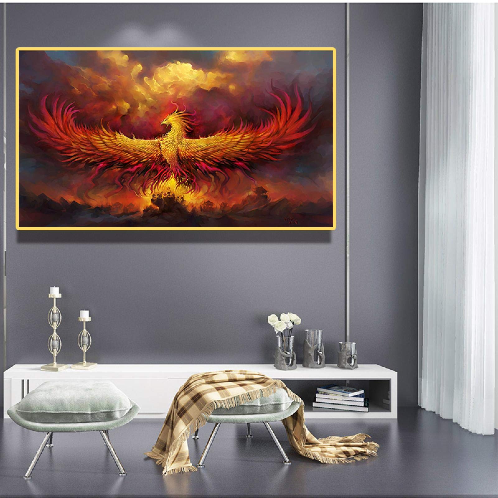Amazon.co.jp: フェニックスキャンバス絵画ウォールアートバード