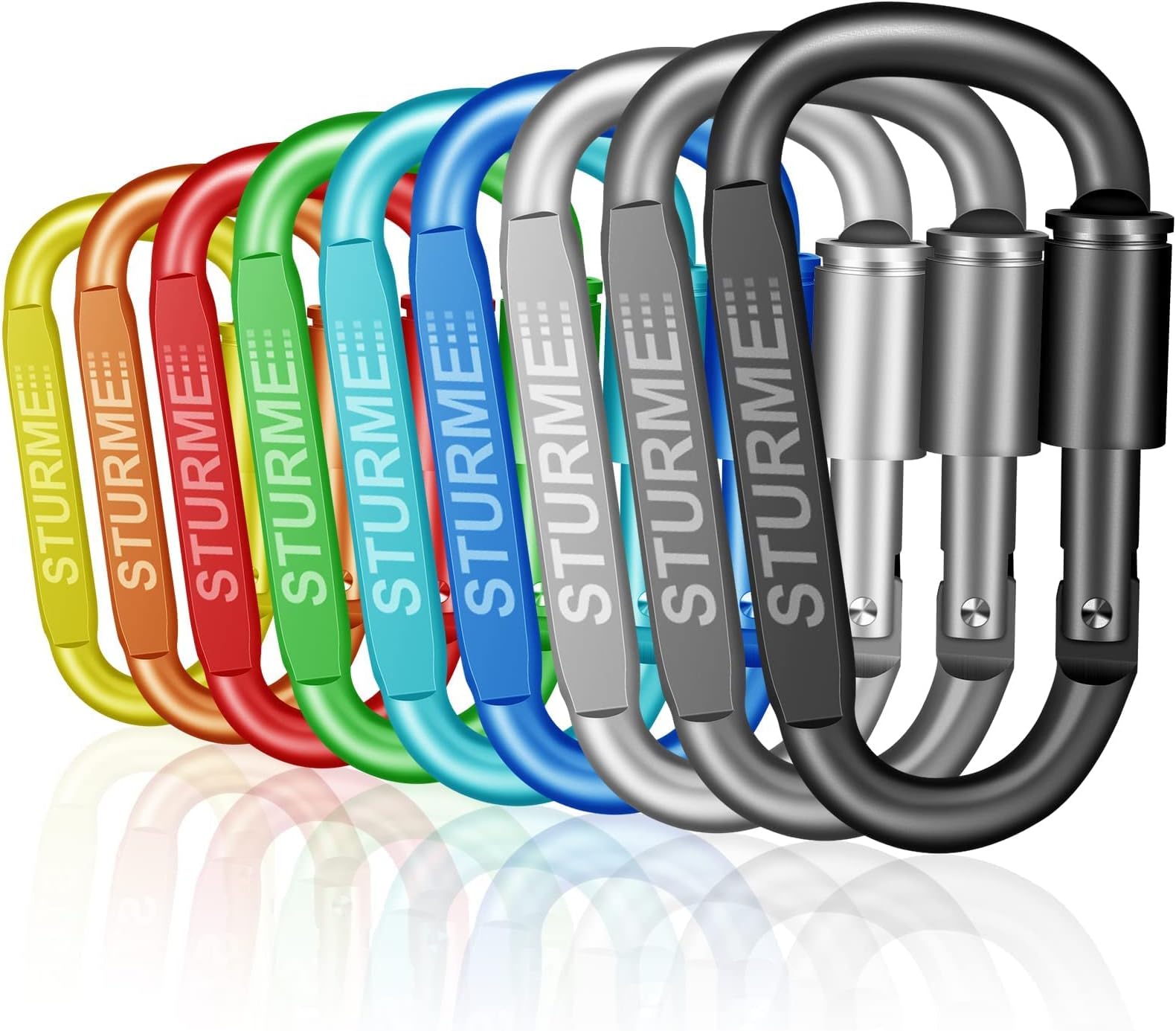 STURME Carabiner Clip Aluminum D-Ring Locking Durable Strong and Light Large Carabiners Clip Set for Outdoor Camping Screw Gate Lock Hooks Spring Link Improved Design Pack (9 Pack)