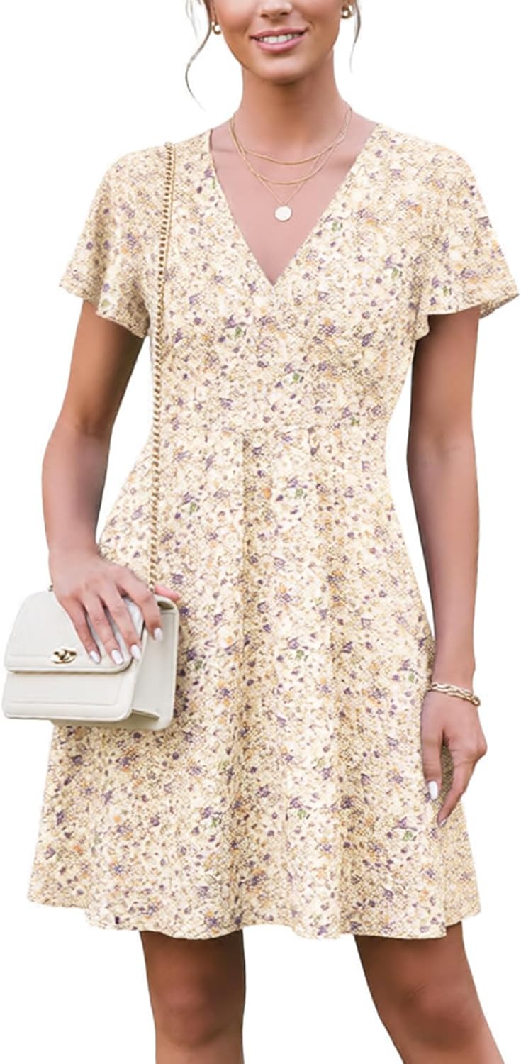 ETCYY NEW Womens Summer Dresses Slant Open V Neck Floral Printed Sundresses Flowy Dress Short Sleeve