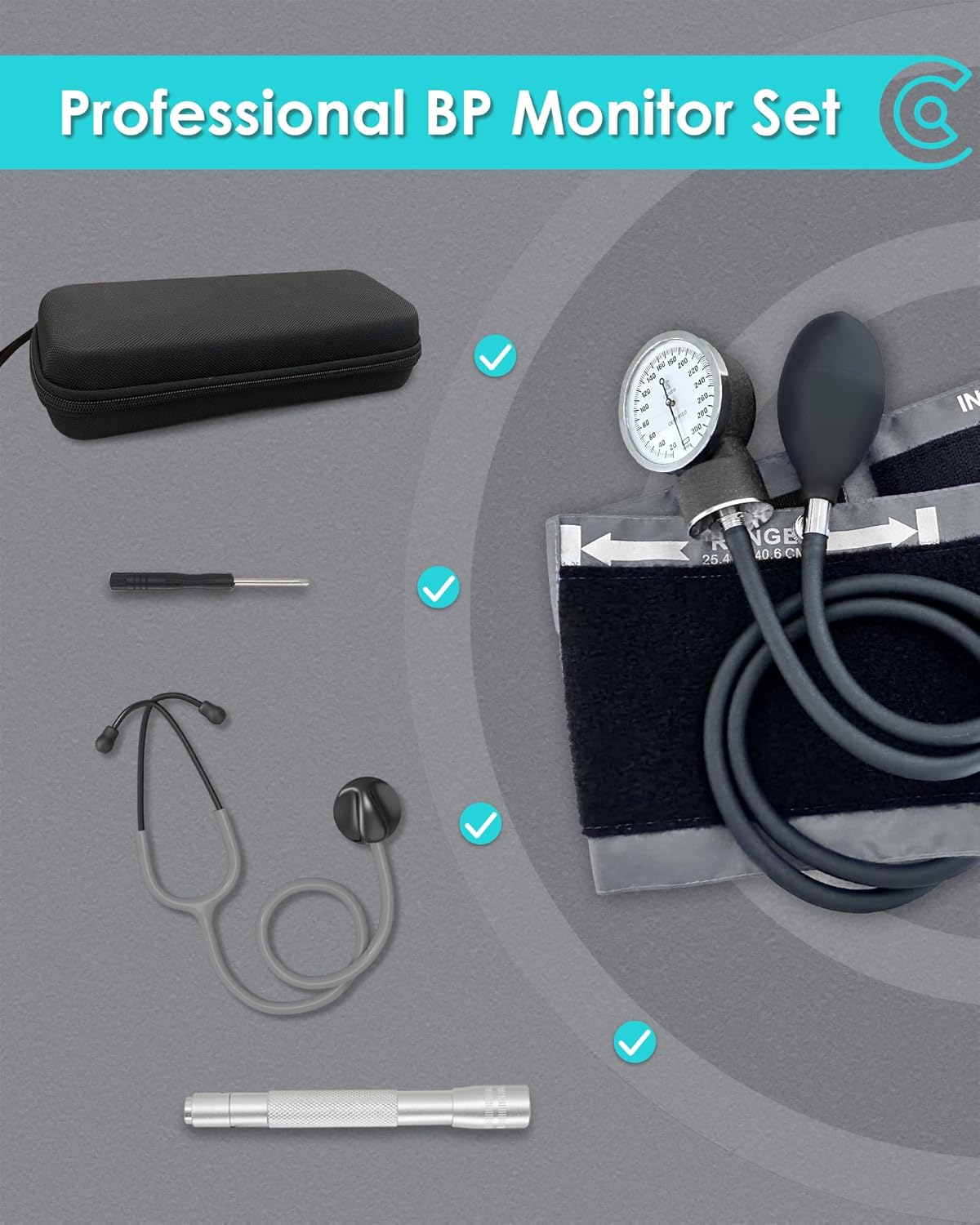 Premium Blood Pressure Cuff Set with Advanced Stethoscope, Penlight & Storage Case Kit, Aneroid Sphygmomanometer for Professional & Home Adult BP Monitoring, Gray