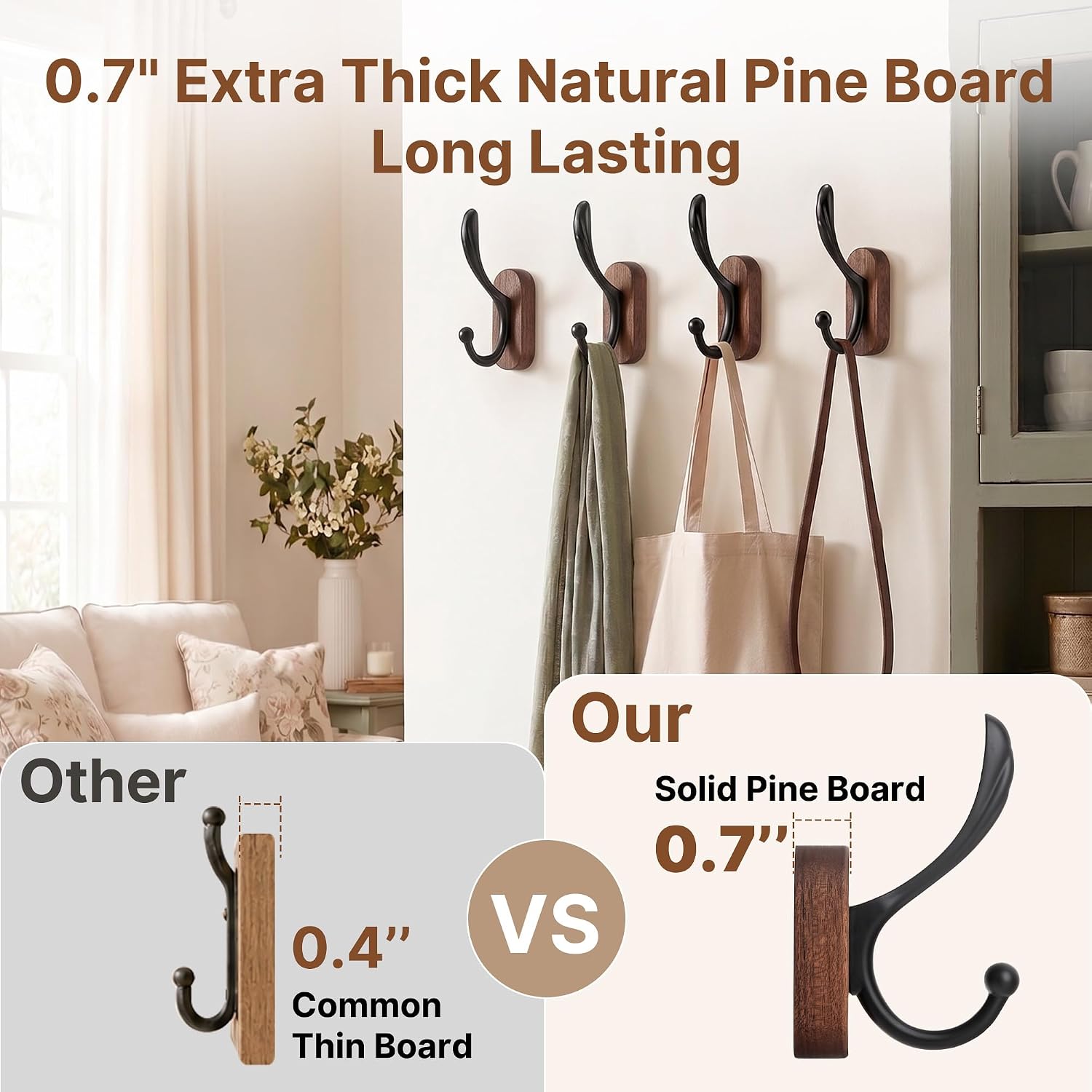 4 Pack Wall Mounted Coat Hooks, Walnut Wood & Black Metal Double Hooks