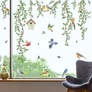 decalmile Hanging Green Vine Double Sided Window Clings Birds Tree Leaves Window Decals Anti-Collision Glass Window Doors Window Stickers