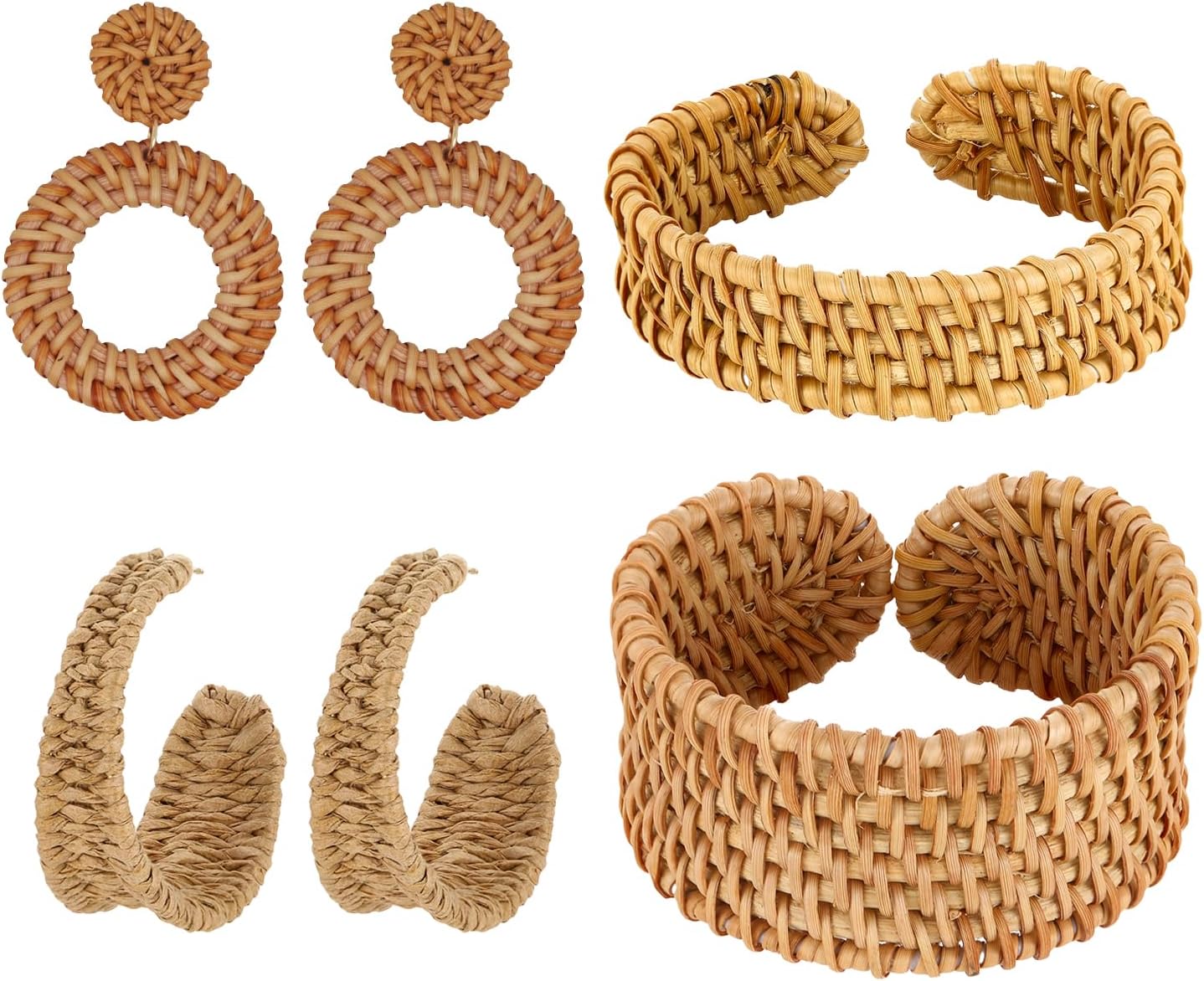 6 Pcs Handmade Raffia Rattan Earrings And Bracelets Boho Round Drop Dangles Cute Fun Jewelery Set Bold Bohemian Statement Jewelry for Women