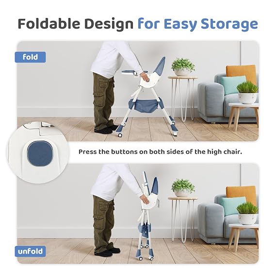 6 in 1 High Chairs for Babies and Toddlers,Portable Foldable High Chair with Wheels& Pu Cushion, Adjustable Height, Reclining Seat, 5-Point Safety Harness, Removable Tray