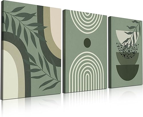 Juego de 3 pósteres e impresiones de pared verde salvia, arte de pared bohemio, lienzo enmarcado de madera, cuadros botánicos y minimalistas,