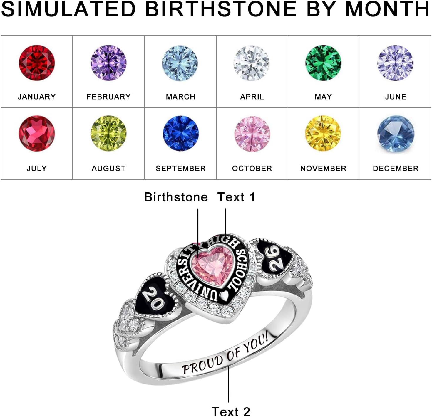 Customizable Class Rings High School and College Graduates,Graduation Ring Personalized,925 Sterling Silver/10k/14k/18k High School Rings,Birthstone Class Of 2026 Ring Graduation Gift