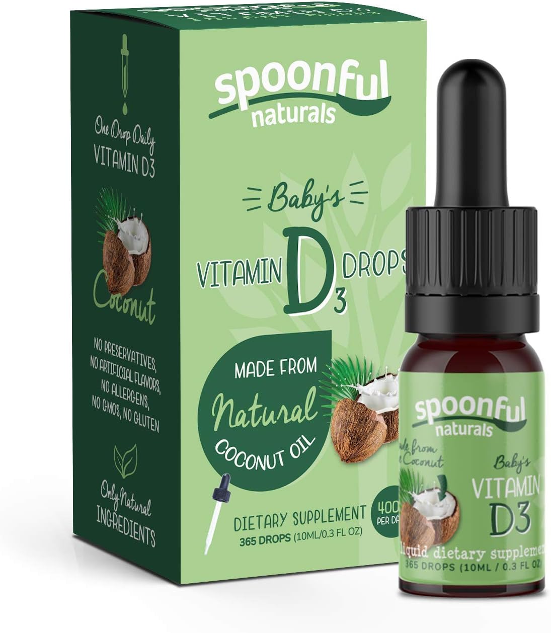 Vitamin D3 Drops for Infants, 400 IU, Made with Natural Coconut Oil, Vegetarian, Non-GMO and Flavorless, 365 Liquid Drops