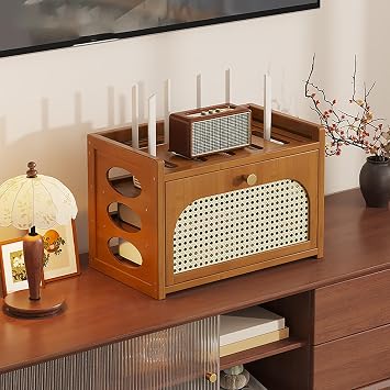 Desktop WiFi Router Storage Box Wooden Organizer Router Hider Box with Doors and Shelves for Office and Home Bedroom Living Room.Walnut,40.5x20x28cm