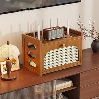 Desktop WiFi Router Storage Box Wooden Organizer Router Hider Box with Doors and Shelves for Office and Home Bedroom Living Room.(Walnut,40.5x20x28cm)