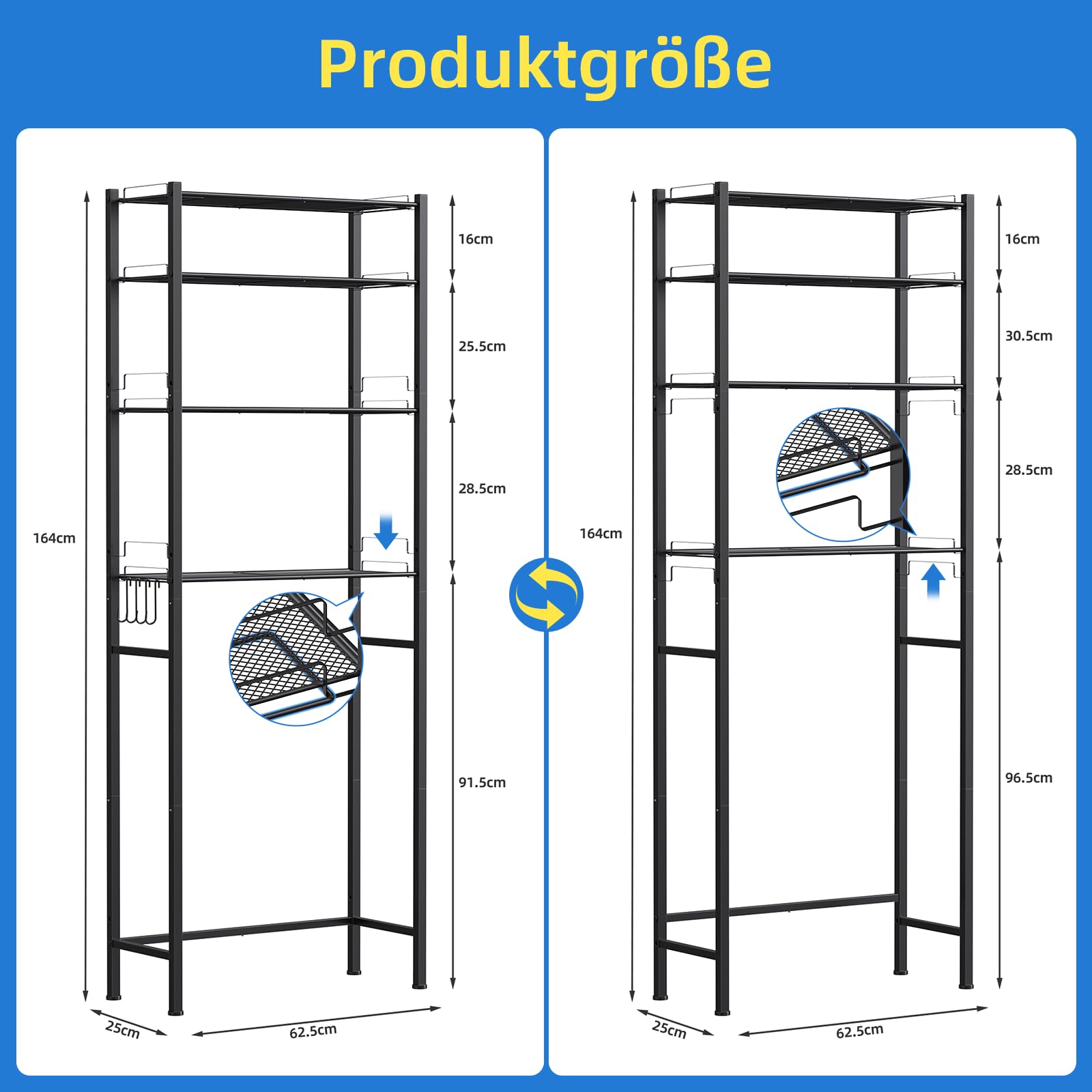 OUTWOLF Waschmaschinenregal Waschmaschinenschrank Überbauschrank ohne Bohren 4 Ebenen Badezimmerregal, Hochkohlenstoffstahl Toilettenregal, Platzsparender Badezimmerträger, Schwarz