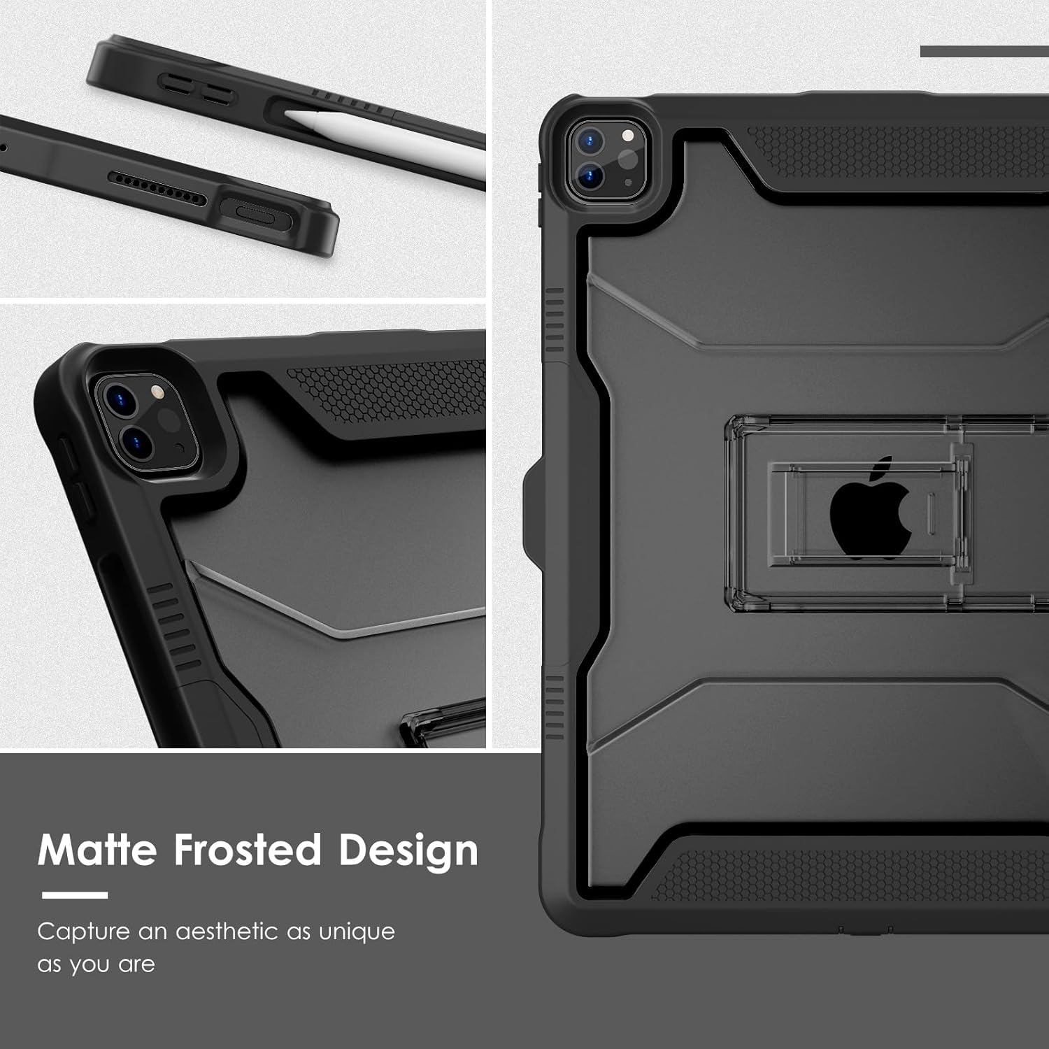 DTTO for iPad Pro 12.9 6th / 5th / 4th / 3rd Generation Case 2022/2021/2020/2018 with Built-in Kickstand, Protective Rugged Shockproof Cover for iPad Pro 13/12.9 Inch, Clear Black