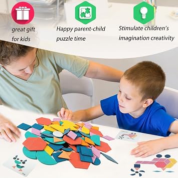 Wooden Pattern Blocks, Creative Tangram Puzzle for Toddlers | Montessori Educational Learning Toy, Smooth Safe Edges, Fine Motor Skills Gift for Boys & Girls Aged 3-5 Years Old