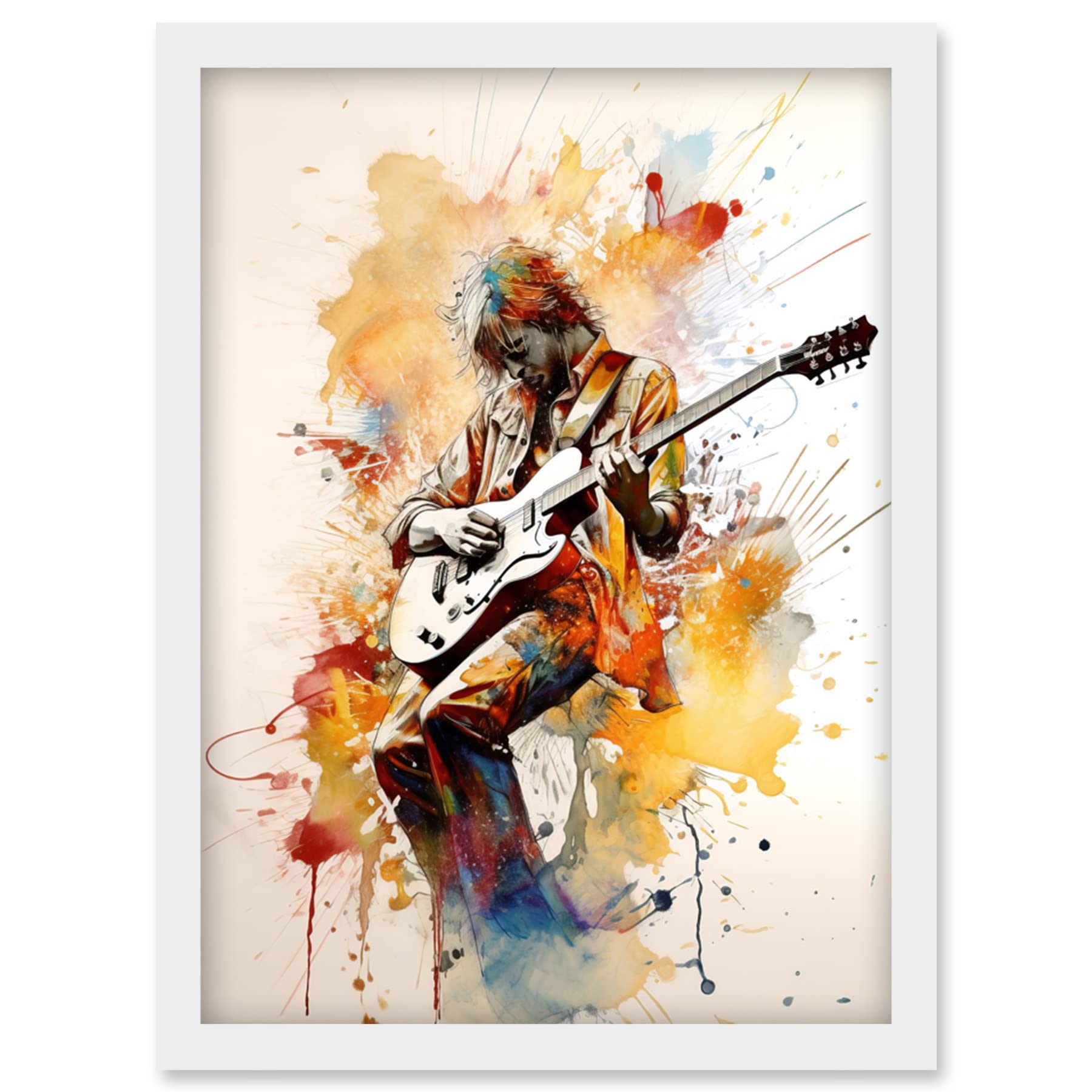 Artery8 Guitarist Musician Playing Solo on Electric Guitar Modern Watercolour Illustration Artwork Framed Wall Art Print A4