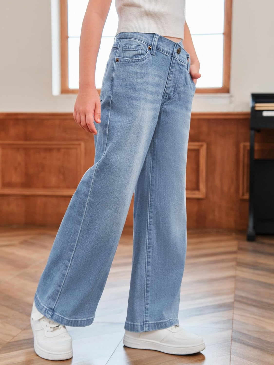 rrhss Girls Flare Jeans Crossover Waisted Wide Leg Jeans Denim Pants for Kids - Image 3