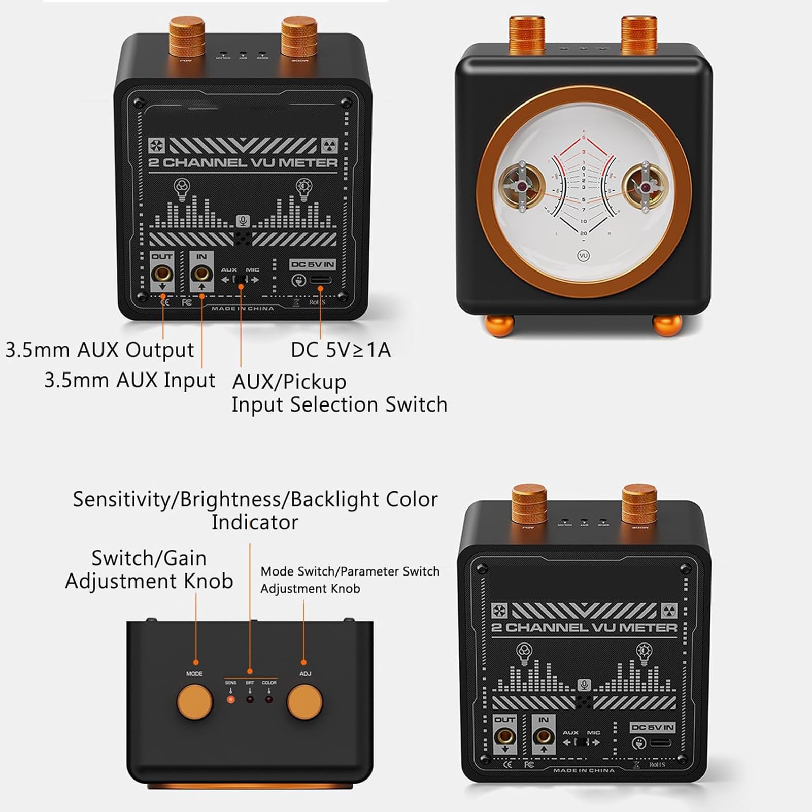 VU Meter Audio Ritmo Luce, 3.5mm AUX In/Out, Luminosità Regolabile e Retroilluminazione, Ideale per Sale Giochi & Appassionati di Musica