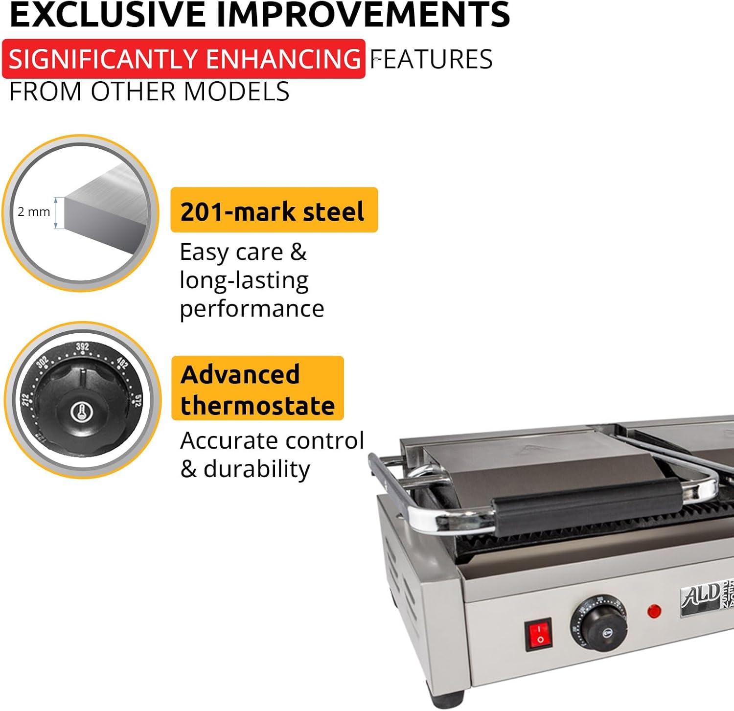 ALDKitchen Double Panini Press | Sandwich Maker Machine | Cast-Iron Ribbed Plates | Adjustable Control | Nonstick | 110V (Ribbed 9" x 18")
