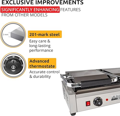 Miniatura 4 de ALDKitchen Panini - Parrilla de prensa sándwich  Construcción duradera de acero inoxidable  110 V (acanalada 9 x 9 pulgadas)