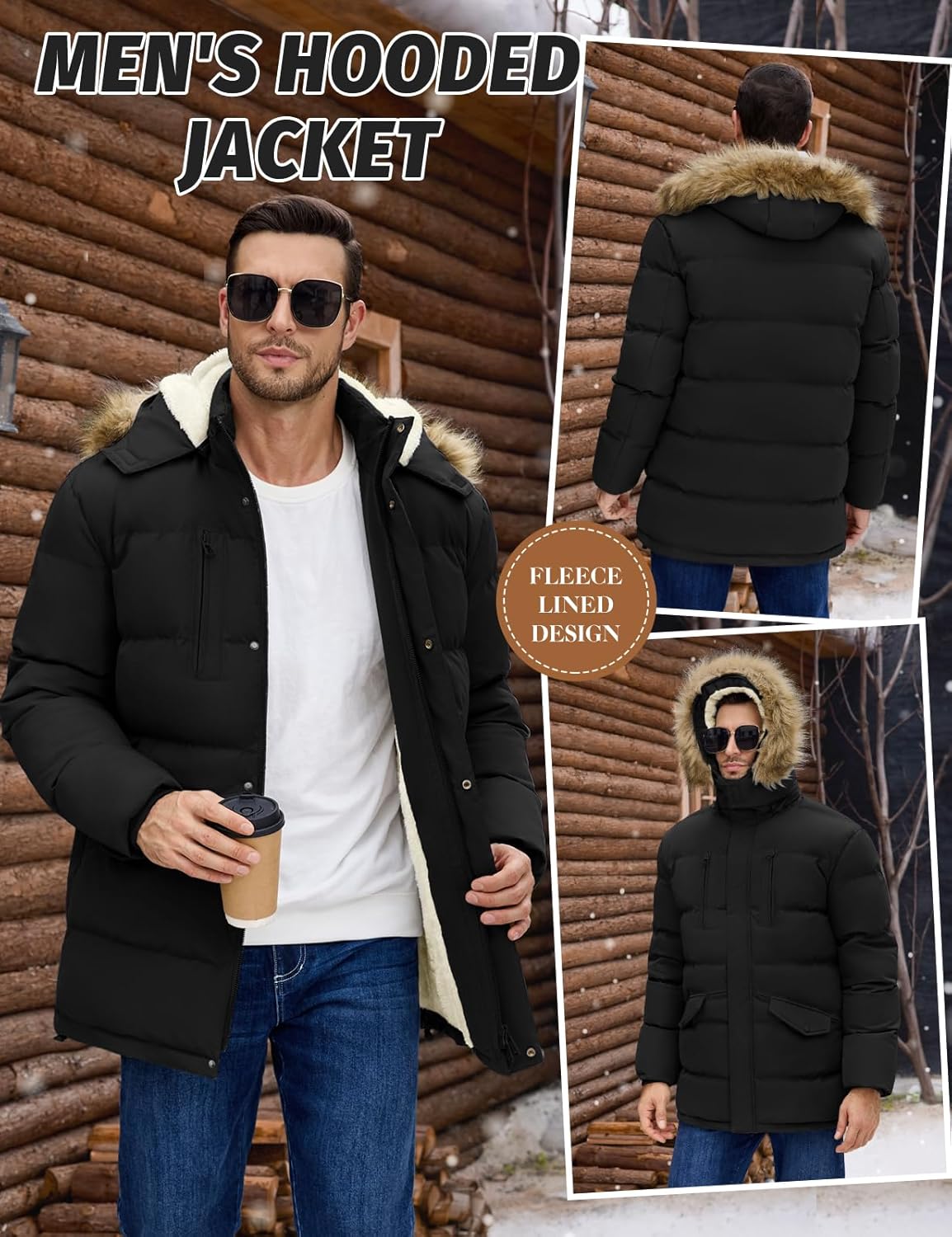 VXVGER Men's Long Winter Coat Warm Thicken Water Resistant Jacket Fleece Windproof Parka Coat with Detachable Hood - Image 2