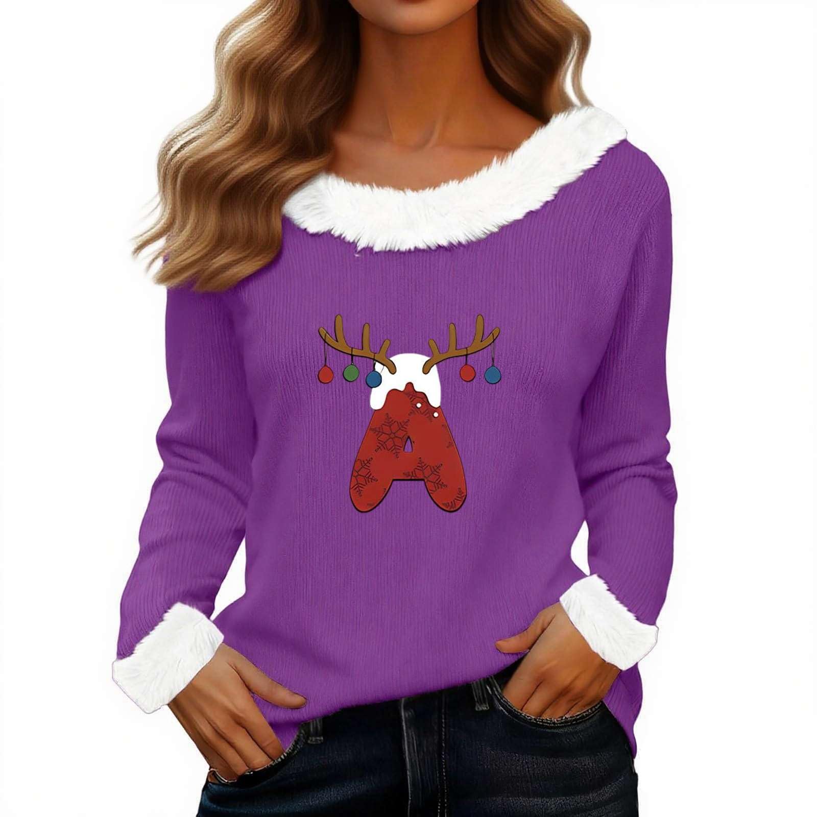 Womens Christmas Top Long Sleeve Plush Collar Ugly Jumper Holiday Casual Loose Fur Trimmed Festive Sweater