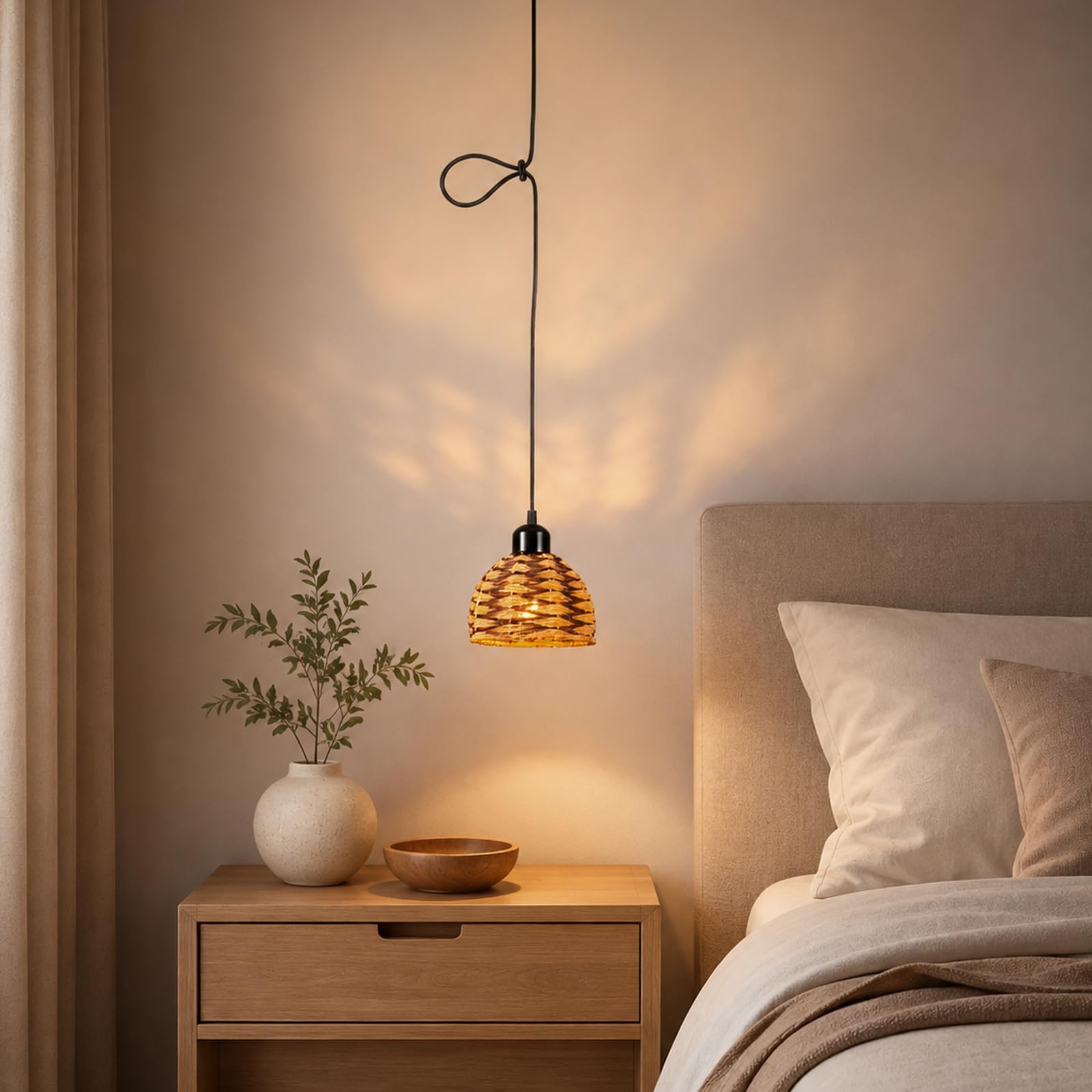 FRIXCHUR Lampa wisząca Boho E27 z plecionej liny, naturalna lampa wisząca z kablem 1,3 m, do kuchni, stołu jadalnego i korytarza, bez źródła światła