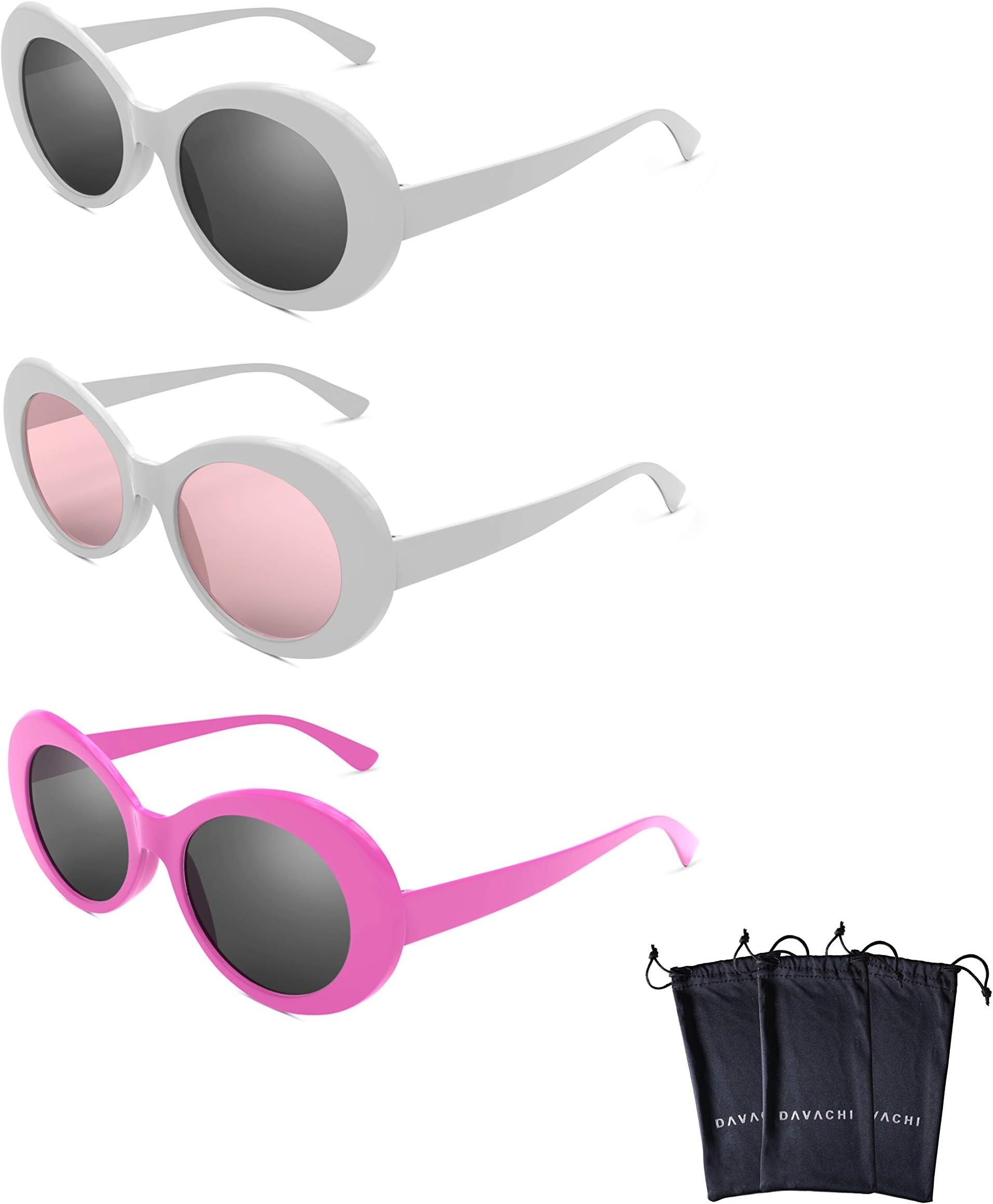 Davachi Clout Goggles Set with Cases Kurt Cobain Oval Sunglasses White, Pink, Pink Lense