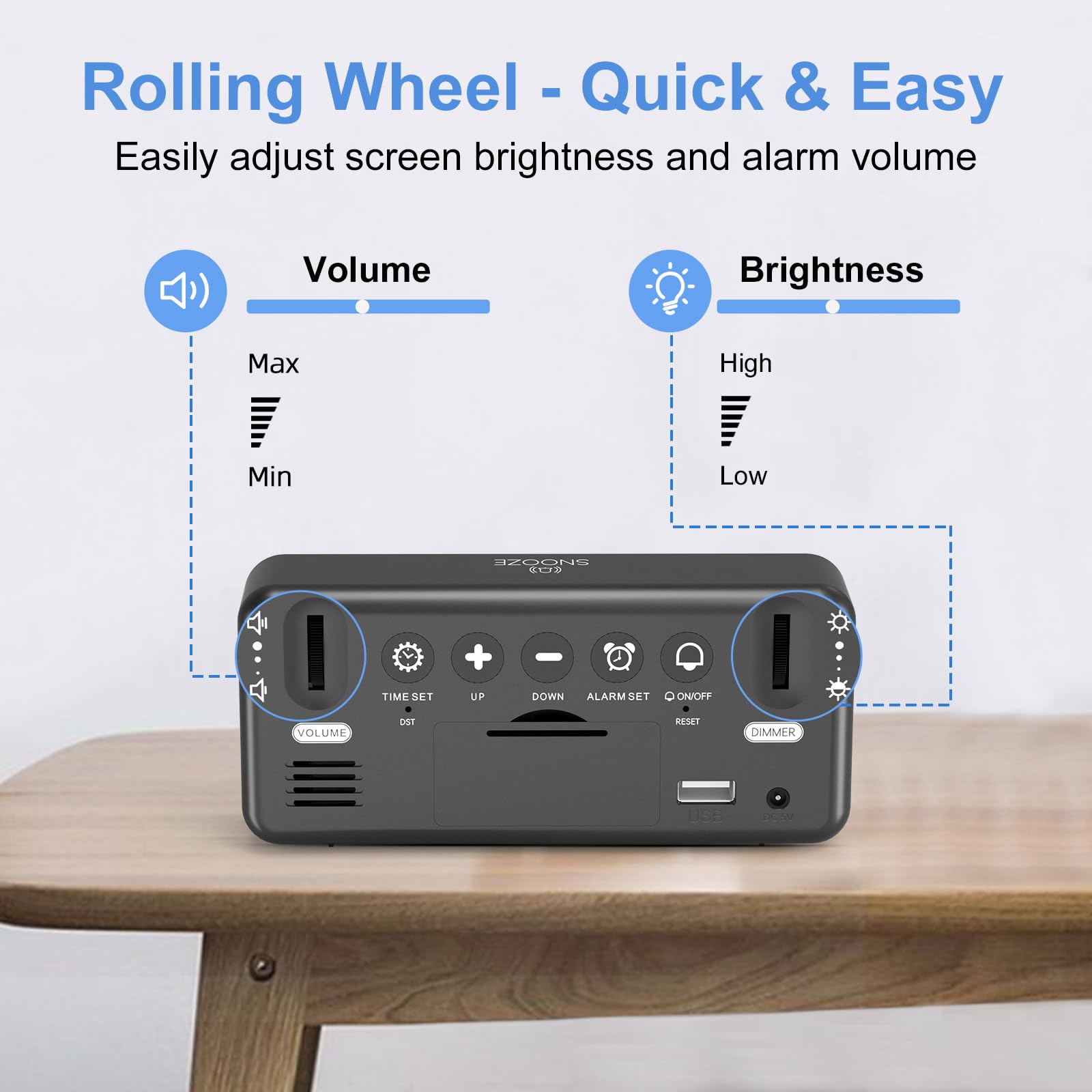 LATEC Sveglia Digitale, Sveglia da Comodino LED con Adattatore, Luminosità e Volume Regolabili, Schermo Grande da 5,8" con 2 Allarme, Snooze, 12/24 Ore per Ufficio Camera da Letto, Nero