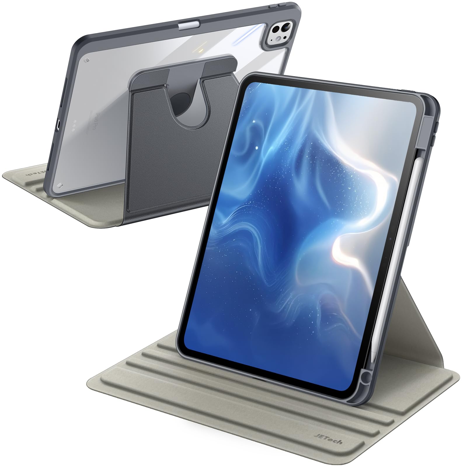 JETech Rotating Cover Case for iPad Pro 11-Inch M5/M4 2025/2024 (6th/5th Generation) with Pencil Holder, 360 Degree Rotation Protective Stand Cover Clear Back, Auto Wake/Sleep (Space Gray)