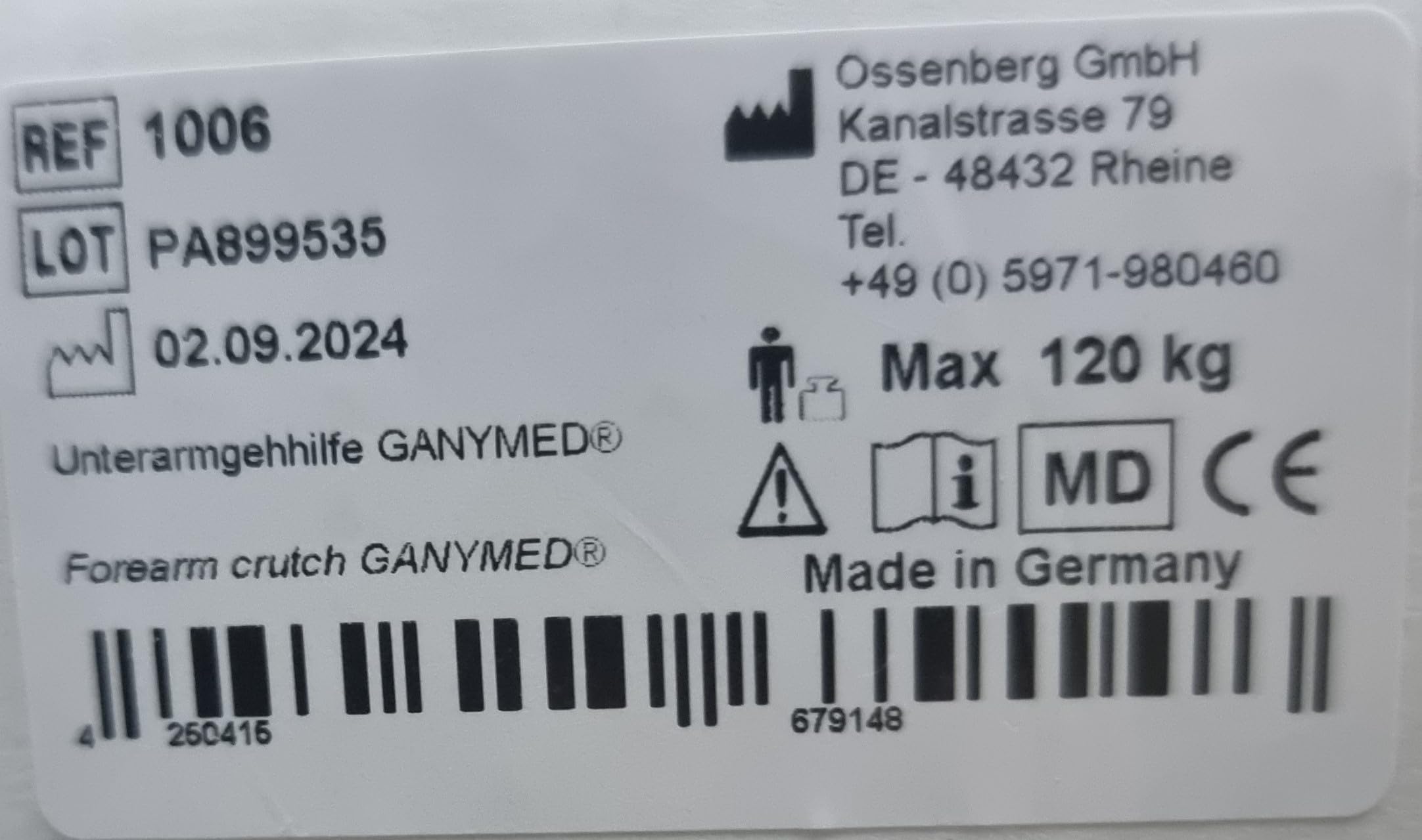 GANYMED - Andador para antebrazo con mango ergonómico suave, soporte para antebrazo ajustable de metal ligero, muletas con base de goma, hasta 120 kg, color negro