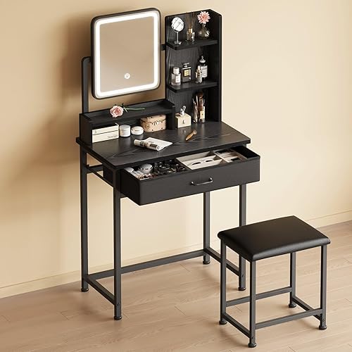Miniatura 2 de Escritorio de maquillaje con espejo y luces, tocador pequeño con cajón de almacenamiento de tela, silla y estantes, juego de tocador de maquillaje