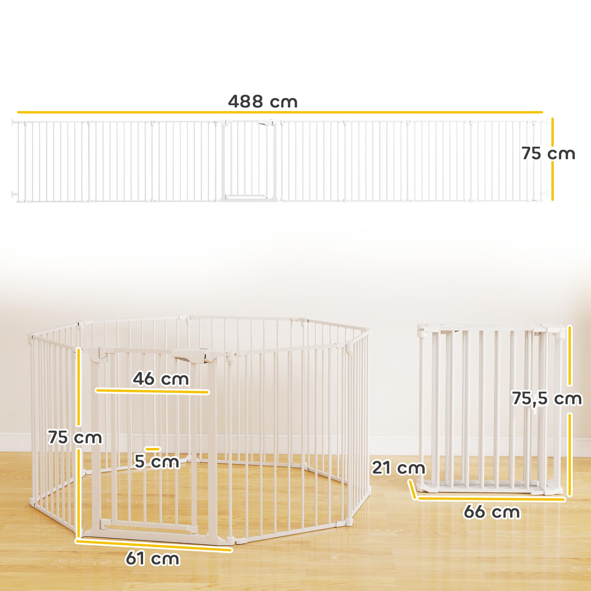 PawHut Barrera para Perros Plegable, 488x75 cm, Valla para Mascotas de 8 Paneles, Puerta con Cierre Doble, Barrera de Seguridad para Niños, Perros Pequeños y Medianos, para Escalera, Pasillo, Blanco