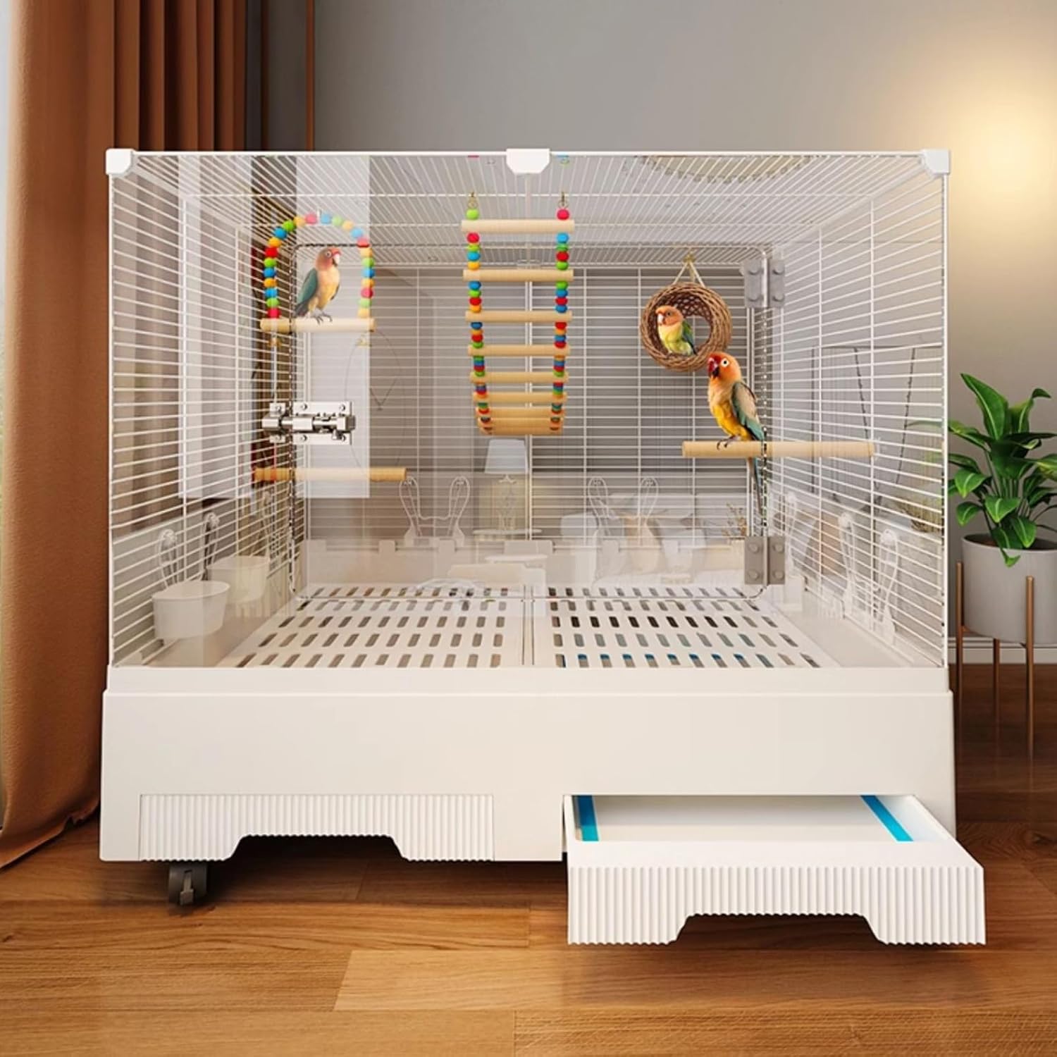 Bird Cage Indoor, Parrot Cage with Wheels, Transparent Acrylic Panel Conure Cage, for Parakeets, Canaries, Finches, Love Birds(Yellow)