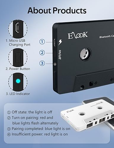 Miniatura 13 de Elook Receptor de audio del coche, reproductor de adaptador auxiliar de la cinta del receptor del casete de Bluetooth con Bluetooth 5.0 Negro