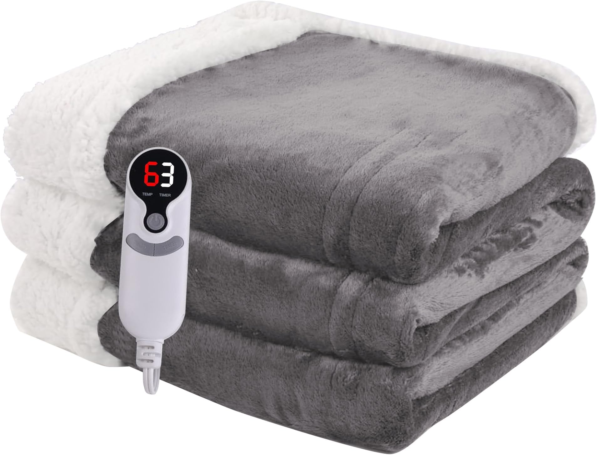 Heated Blanket Electric Throw Size 50''x60'' with 9 Heating Levels, 1-10 Hour Auto Shut Off, Machine Washable, Flannel & Sherpa Double-Sided Soft Warming Blanket for Couch, Bed, Office - Light Grey