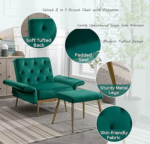 Miniatura 7 de Moderna tumbona de terciopelo para interiores con 3 ángulos reclinables, se convierte en reclinablecama, sofá cama convertible para sala de estar,