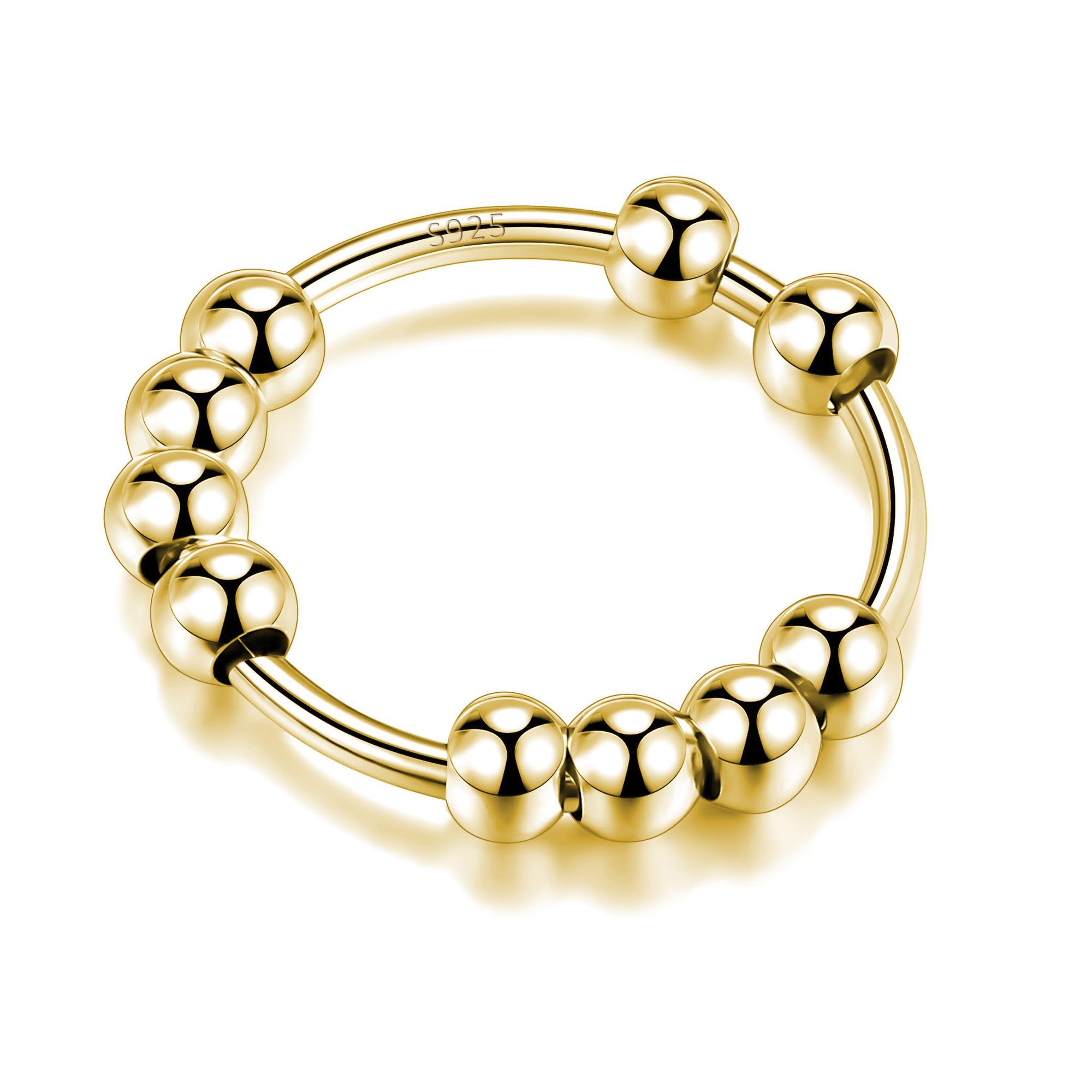 LOVECOM 925 Sterling Silver Anxiety Fidget with Beads Rings for Anxiety Spinner Ring for Women Men 14K Gold Plated Stress Relief Spinning Ring